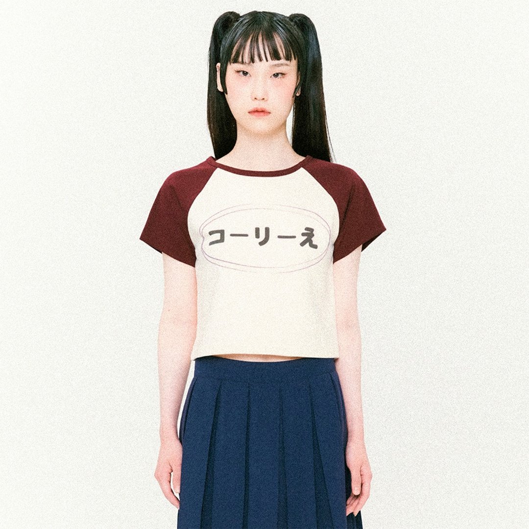 Logo 插肩袖 缩短版 短袖 T 恤 勃艮第红 奶油白 - 女装 T 恤 - 棉 多色
