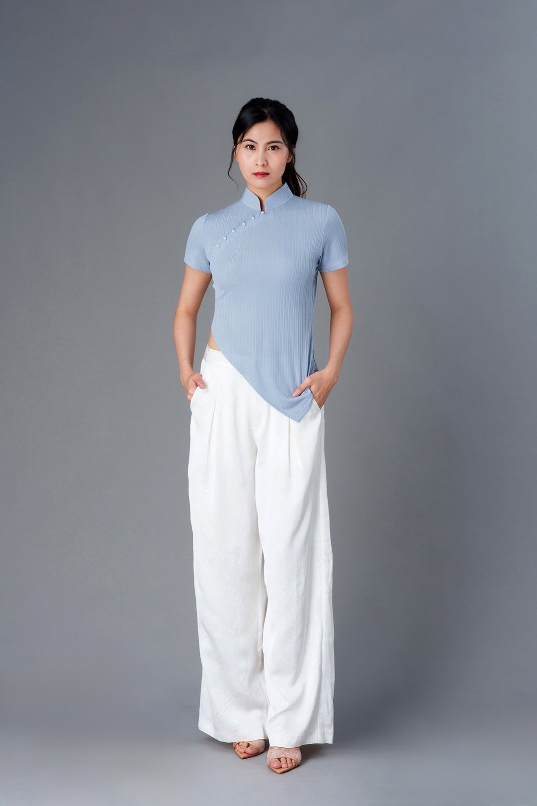 不对称旗袍上衣 (雾蓝色) - 女装上衣 - 棉．麻 蓝色