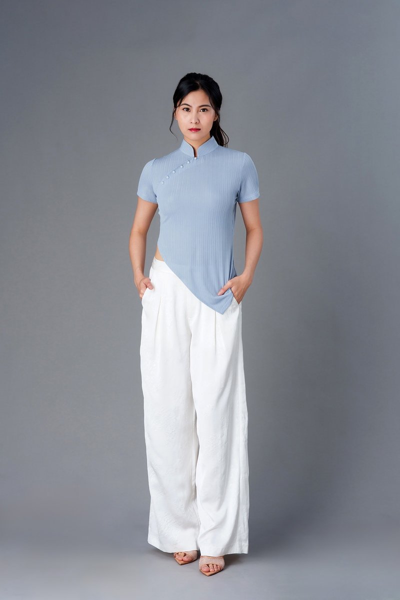 不对称旗袍上衣 (雾蓝色) - 女装上衣 - 棉．麻 蓝色