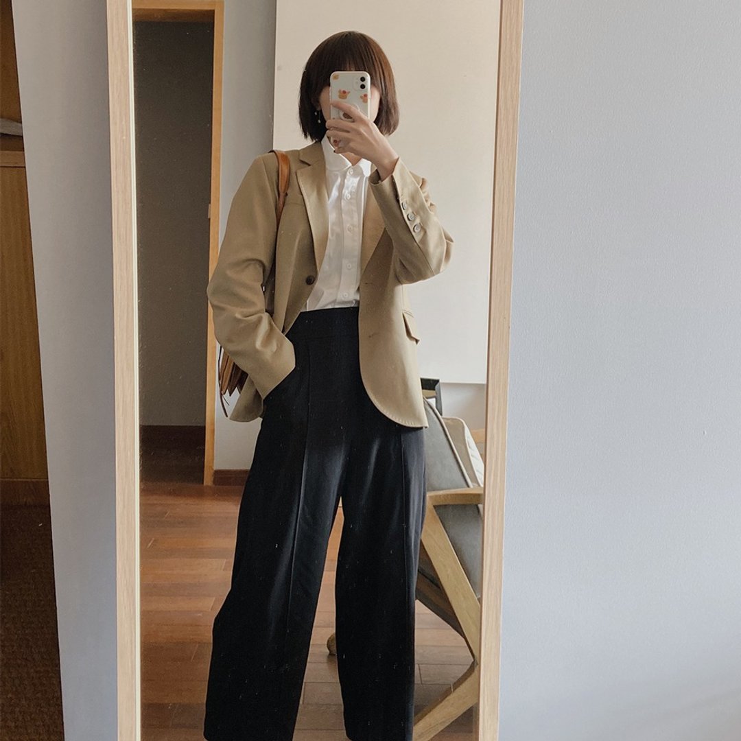 法式休闲卡其色西装外套|外套|春款|羊毛混纺|Sora-436 - 女装西装外套/风衣 - 羊毛 金色