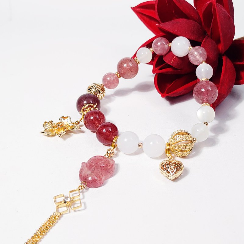 天然 草莓晶 狐仙 瑞兽 月光石 白玉 手链 开运 招财 桃花 礼物 - 手链/手环 - 宝石 红色