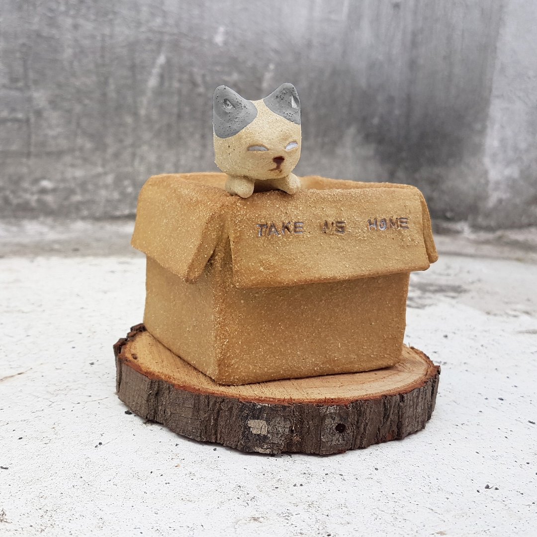 纸箱猫【方盒-斑点花猫】置物盒 - 收纳用品 - 陶 卡其色