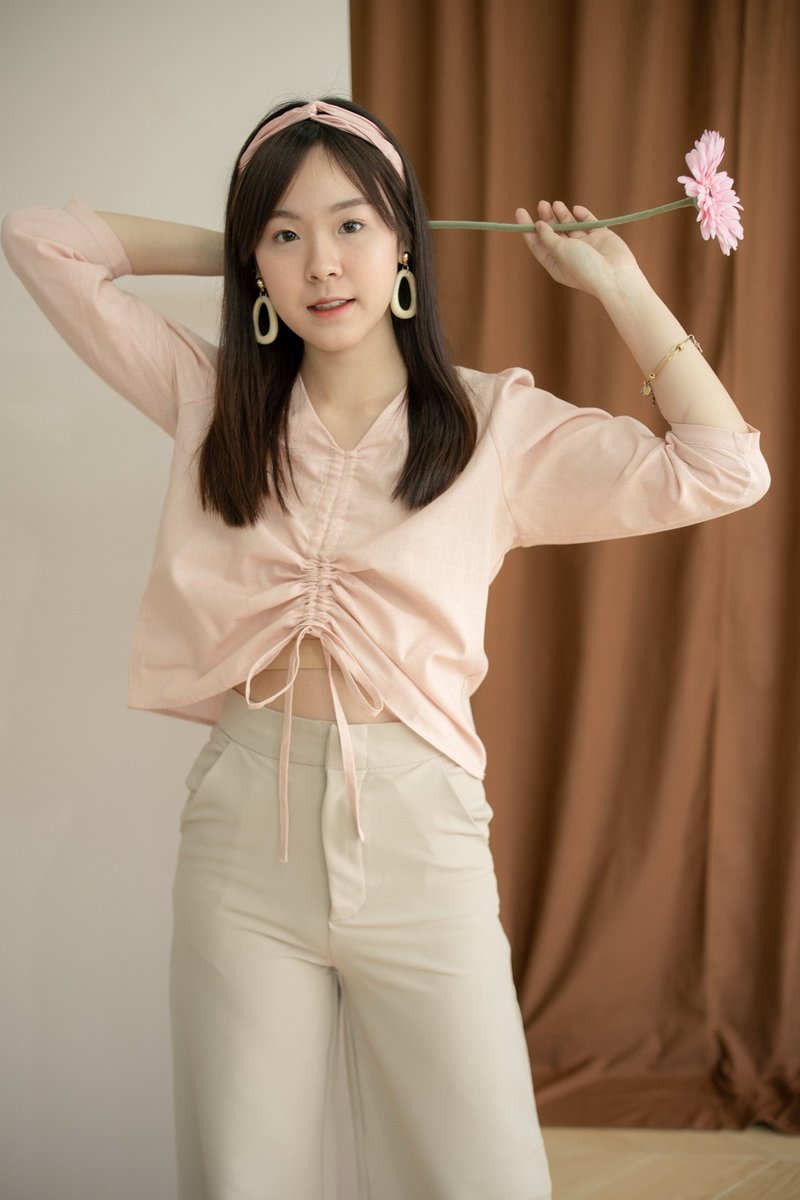 Knotted Crop Top - Pink - 女装上衣 - 亚麻 粉红色
