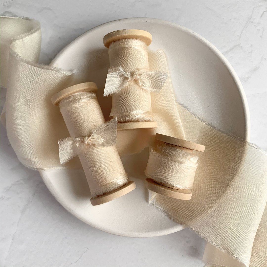 Buttercream Silk Ribbon / Hand Dyed Silk Ribbon on Wooden Spool - 包装材料 - 丝．绢 黄色