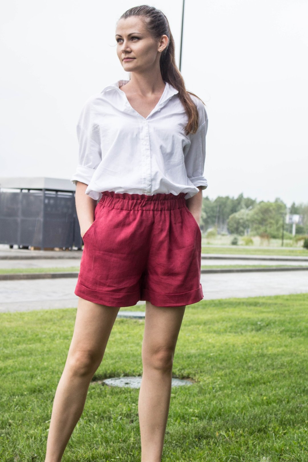 Linen Shorts Women - High waisted shorts - Linen Shorts with pockets - 女装短裤 - 亚麻 红色