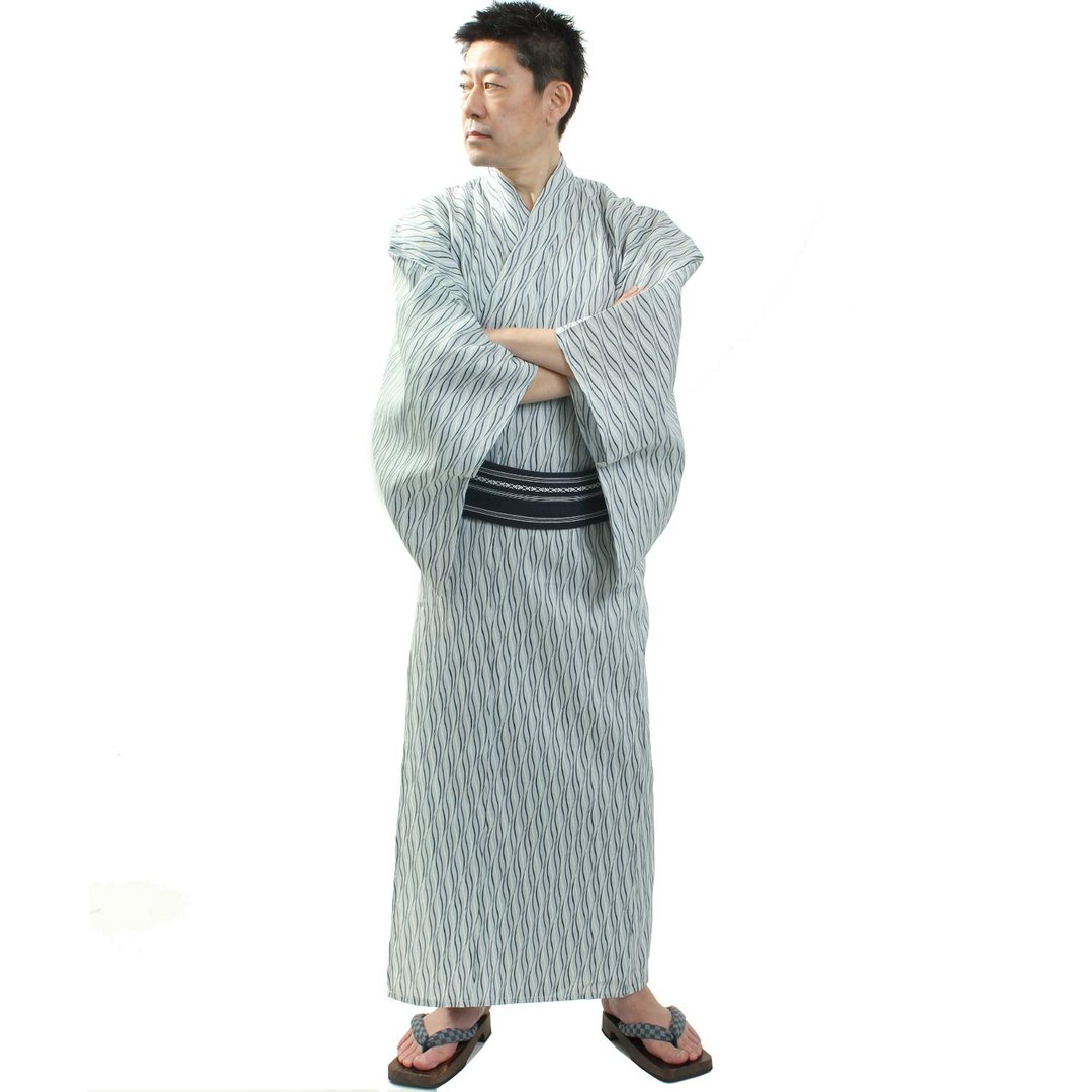 日本 和服 男 绵麻 浴衣 腰封 M/L/LL 2 件 套组 z24-101b yukata - 其他 - 棉 白色