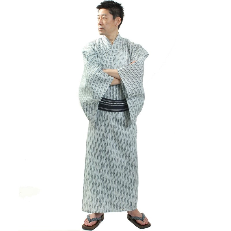 日本 和服 男 绵麻 浴衣 腰封 M/L/LL 2 件 套组 z24-101b yukata - 其他 - 棉．麻 白色