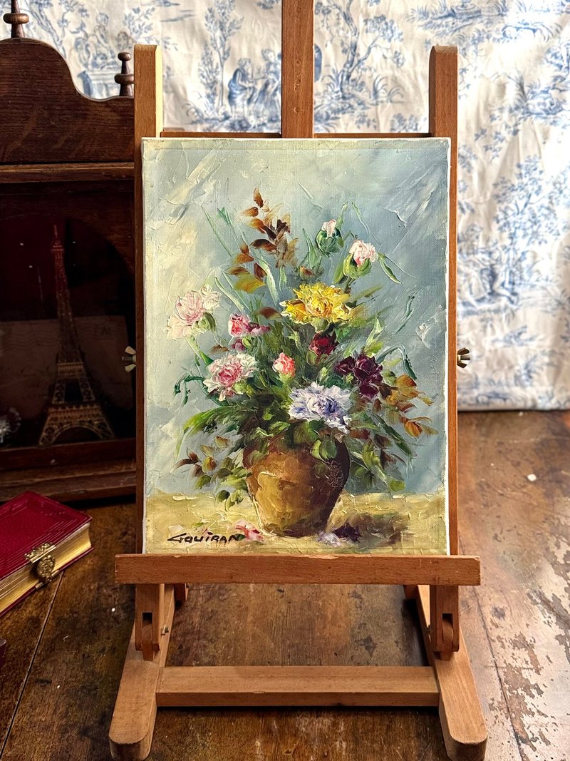 50280-迷人法国古董花卉油画画家落款 33x 24cm - 墙贴/壁贴 - 木头 