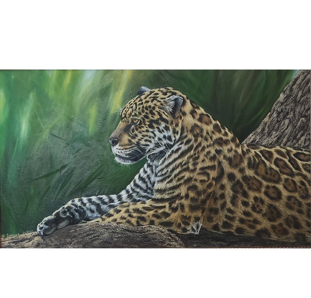 Original oil painting Jaguar on canvas 44*75cm - 海报/装饰画/版画 - 棉 绿色