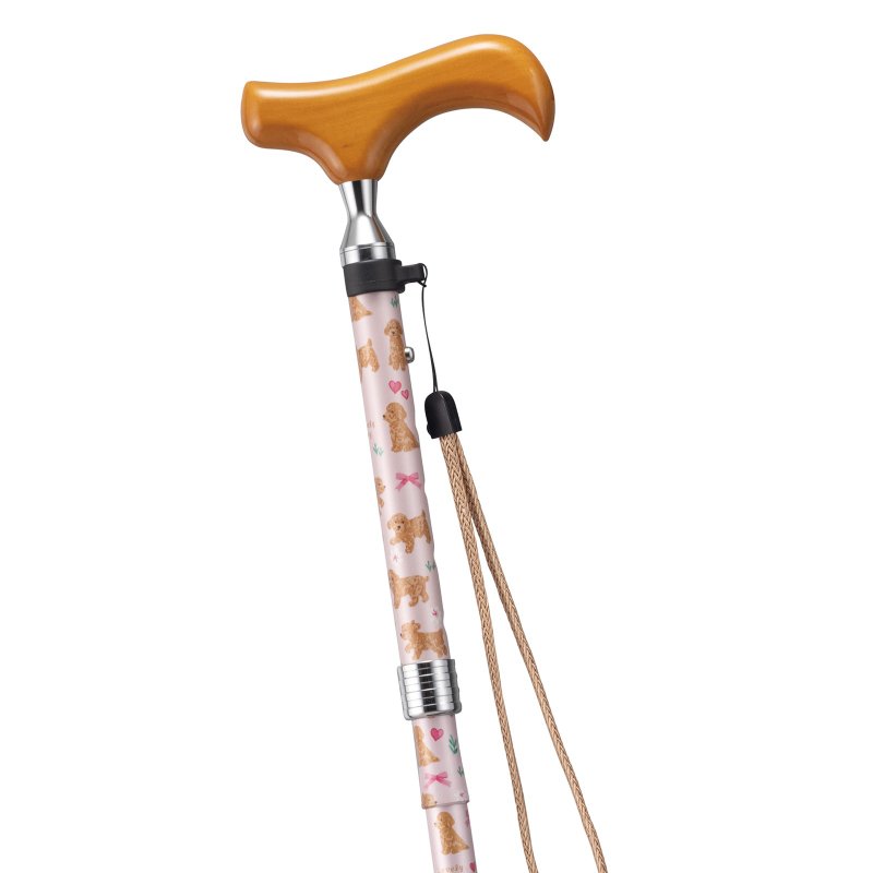 可爱狗狗图案 铝合金折叠手杖・粉色 75-85cm 纤细杖身 木质握把 挂绳 收纳套 - 其他 - 铝合金 粉红色