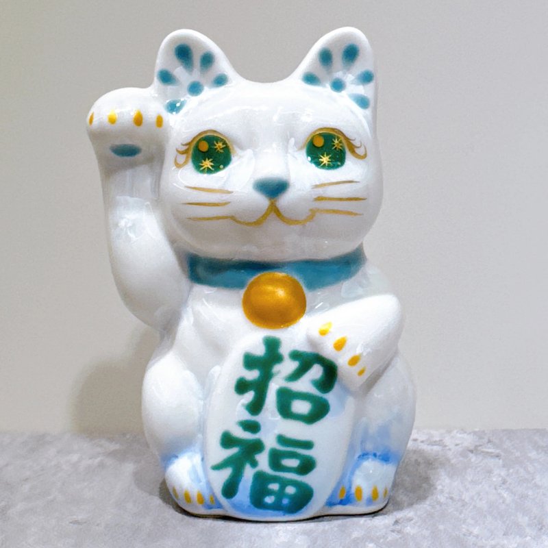 【祥光盈福】日本清水烧招财猫 | 花结晶 青白 招福 右 特小 - 摆饰 - 瓷 蓝色