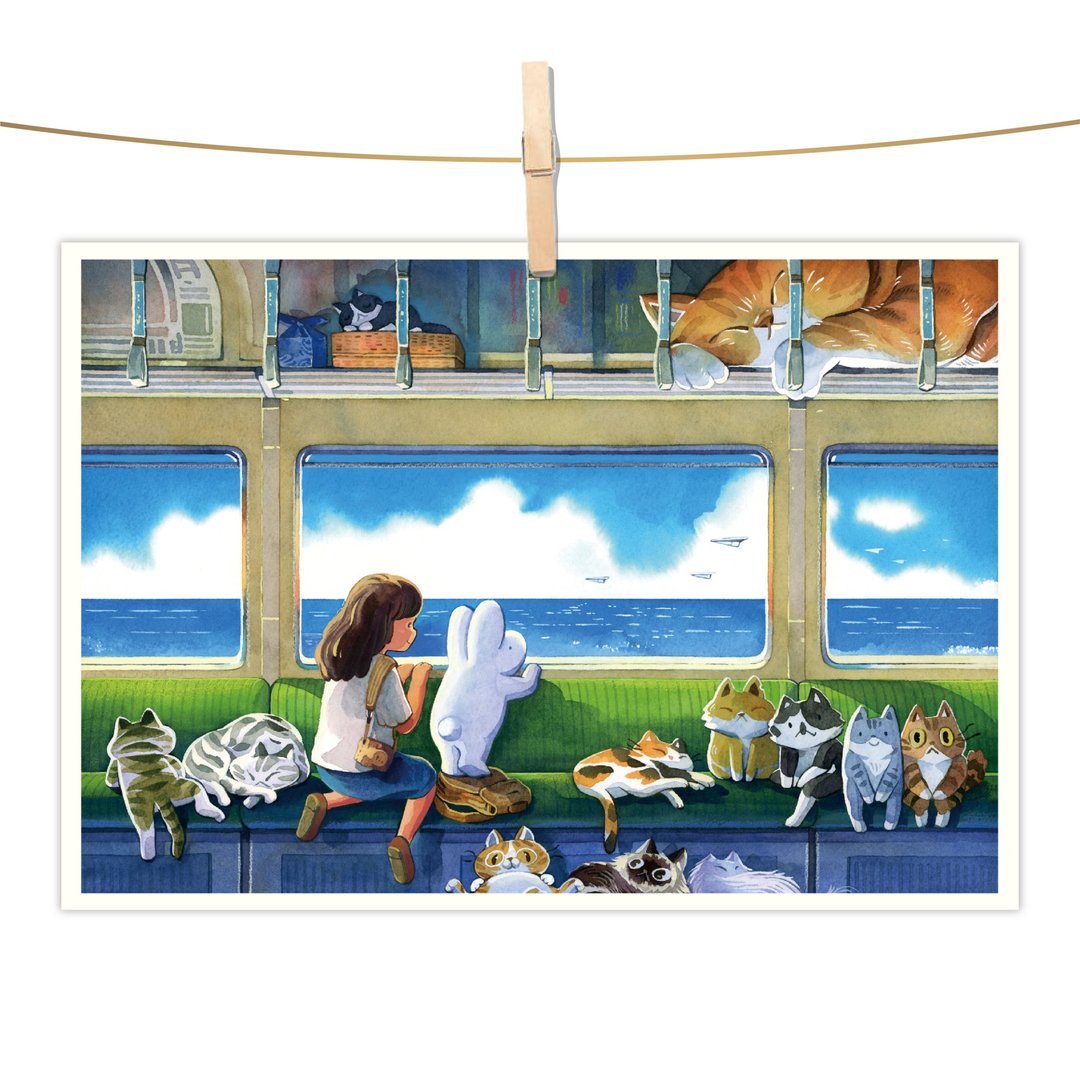 afu水彩插画明信片 - 蓝海的列车 - 卡片/明信片 - 纸 