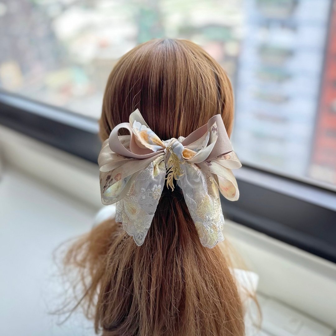 印花纱蕾丝蝴蝶结相交夹香蕉夹仙女夹发夹-复古金色 - 发饰 - 其他材质 黄色