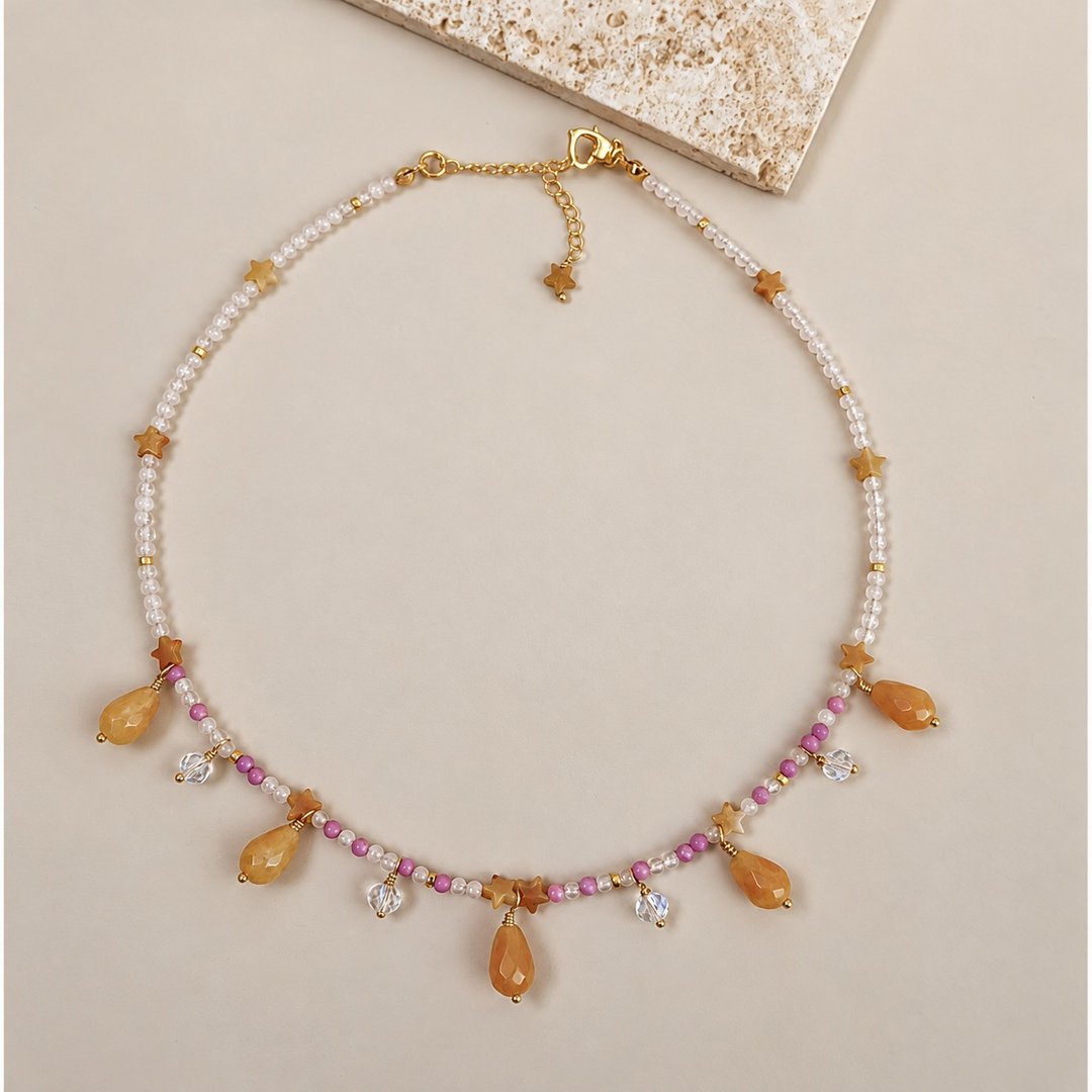 Golden Topaz Fairy Necklace 玫瑰石英、黄水晶与水晶珠项链 - 项链 - 石头 橘色
