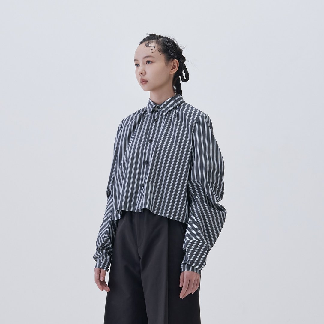 短版条纹弯曲袖衬衫 - 女装衬衫 - 棉 灰色