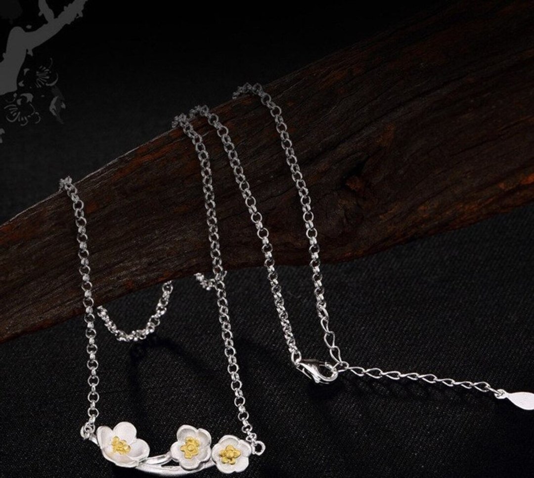 Real 925 Sterling Silver Handmade Women Plum Flowers Pendant Necklaces Ethnic - 长链 - 纯银 银色