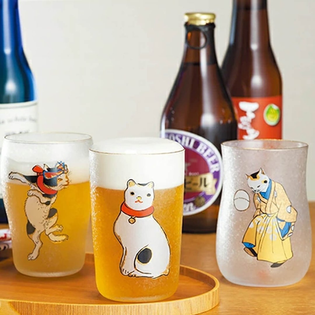 (3入木盒礼盒组)【日本ADERIA】歌川国芳江户猫浮世绘啤酒三件组 - 酒杯/酒器 - 玻璃 金色