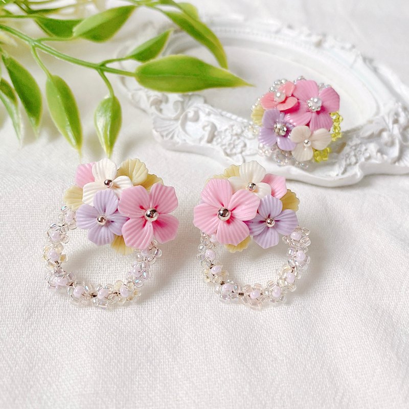 花园乐章手作耳环 +戒指组合 - 耳环/耳夹 - 粘土 多色