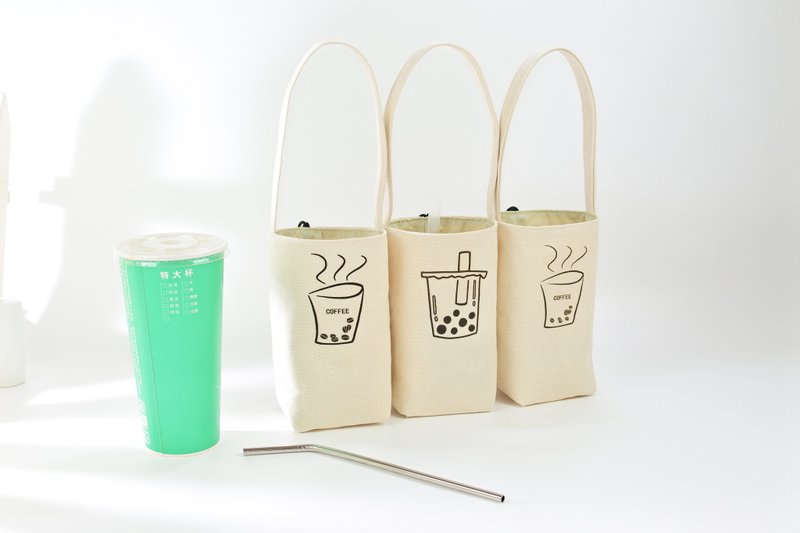 珍珠奶茶 咖啡图案 帆布 饮料提袋 可收纳 - 随行杯提袋/水壶袋 - 棉．麻 