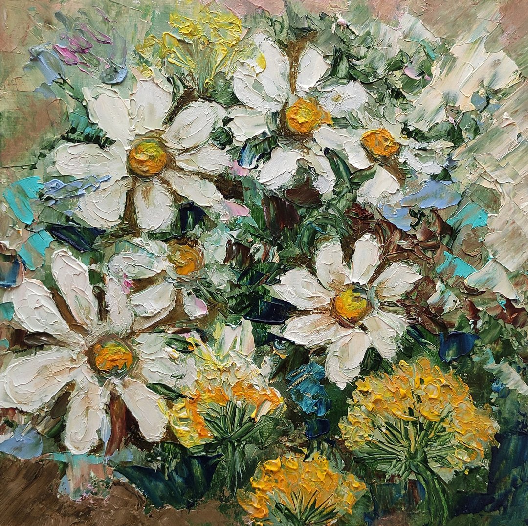 雏菊花束原创油画花墙艺术花卉厚涂手工油画油画原 - 海报/装饰画/版画 - 其他材质 多色