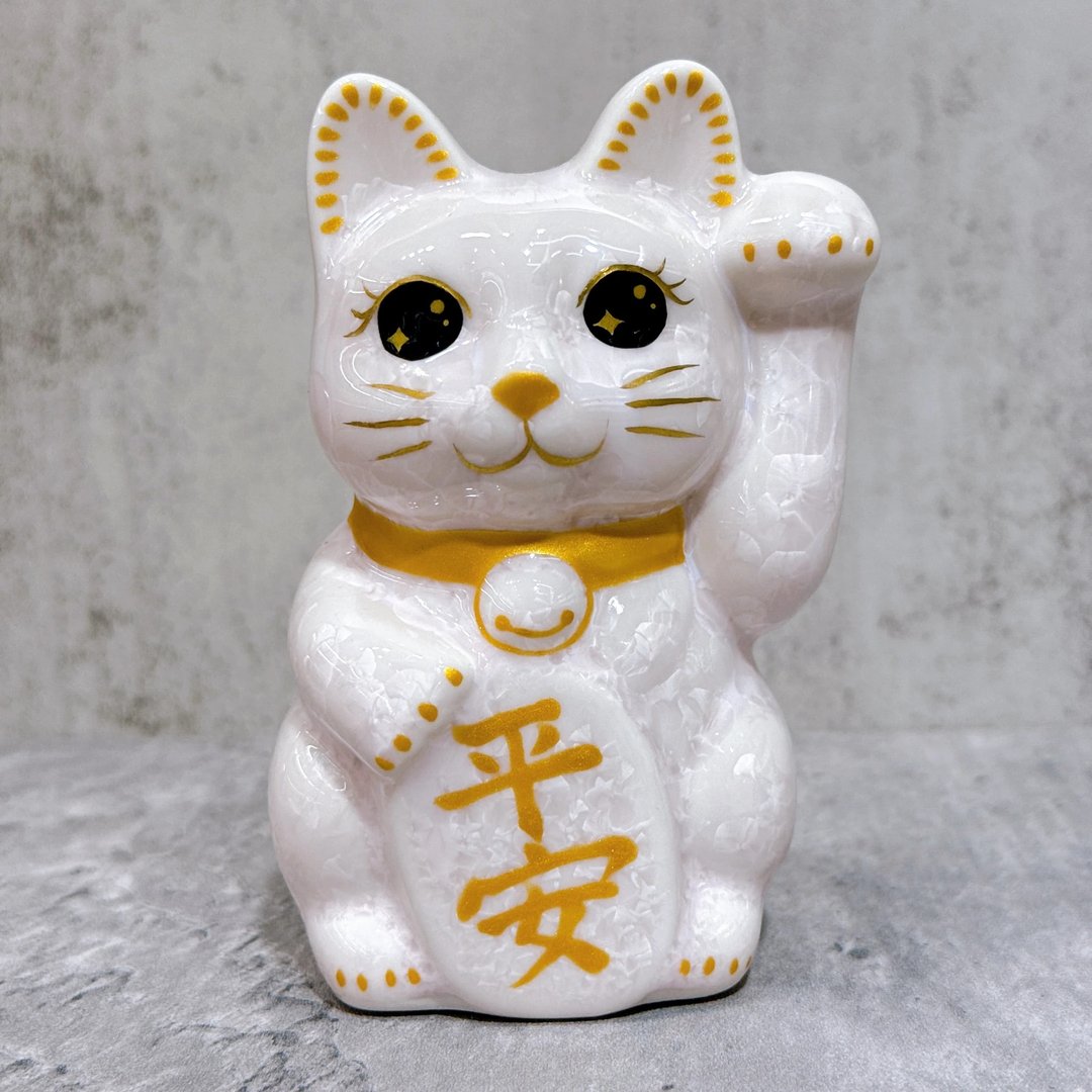 【粉福守喵】日本清水烧招财猫 | 花结晶 桃 平安 左 特小 - 摆饰 - 瓷 卡其色