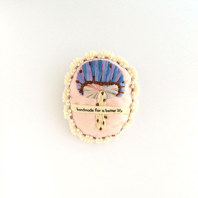 sakura pink-紫色刺绣蕈菇圆枕头胸针 - 胸针 - 绣线 粉红色