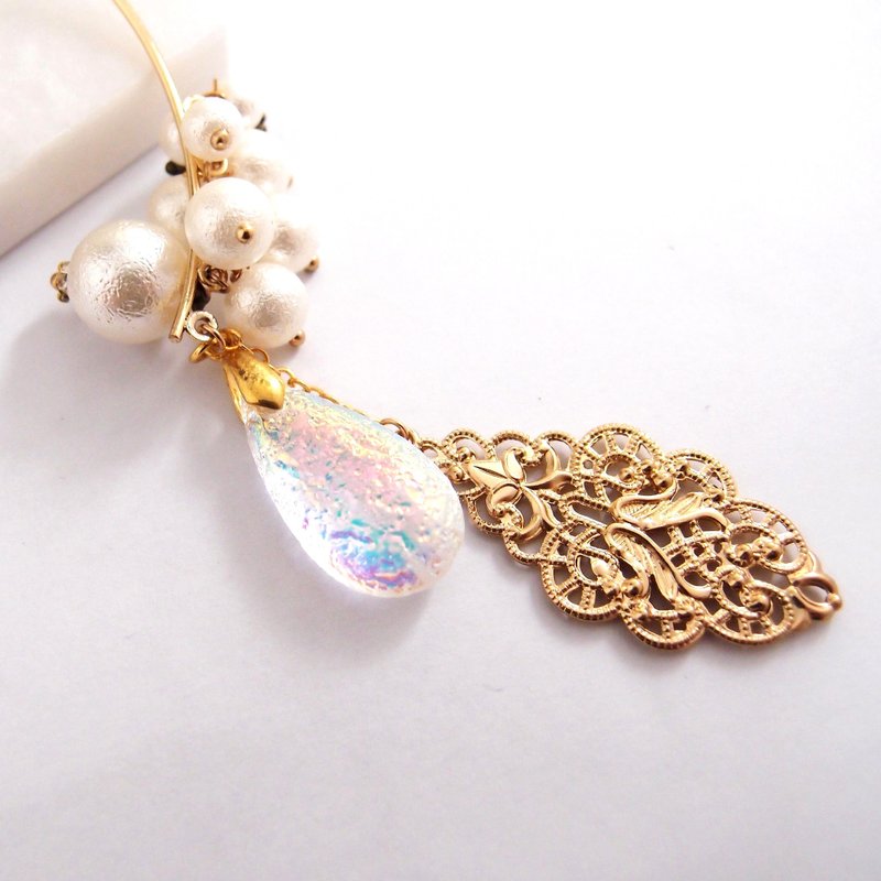 珍珠耳挂。夏天的冰晶水滴 x 免耳洞女孩专用 - 耳环/耳夹 - 宝石 白色