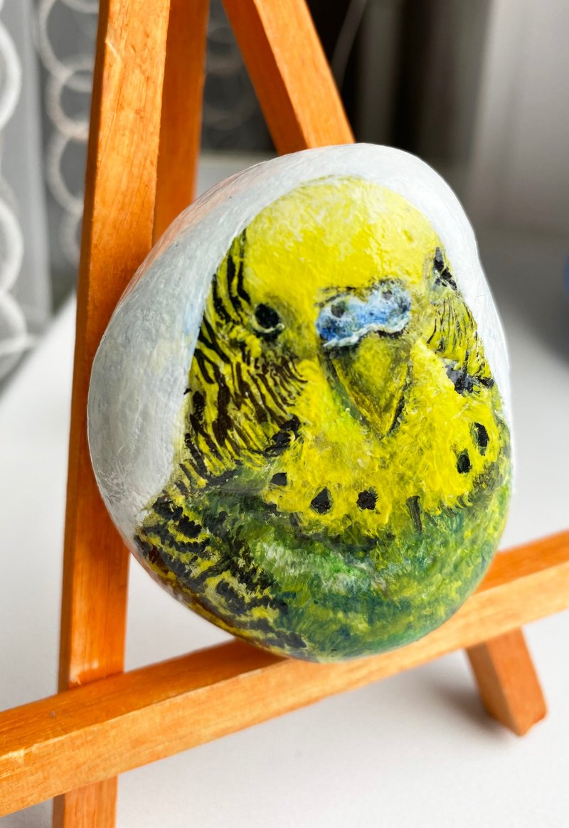 逼真的宠物肖像 鹦鹉艺术 手绘石头 - 插画/绘画/写字 - 其他材质 绿色