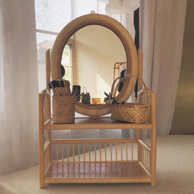 BDSC RATTAN MIRROR 2 SHELVES - 摆饰 - 木头 咖啡色