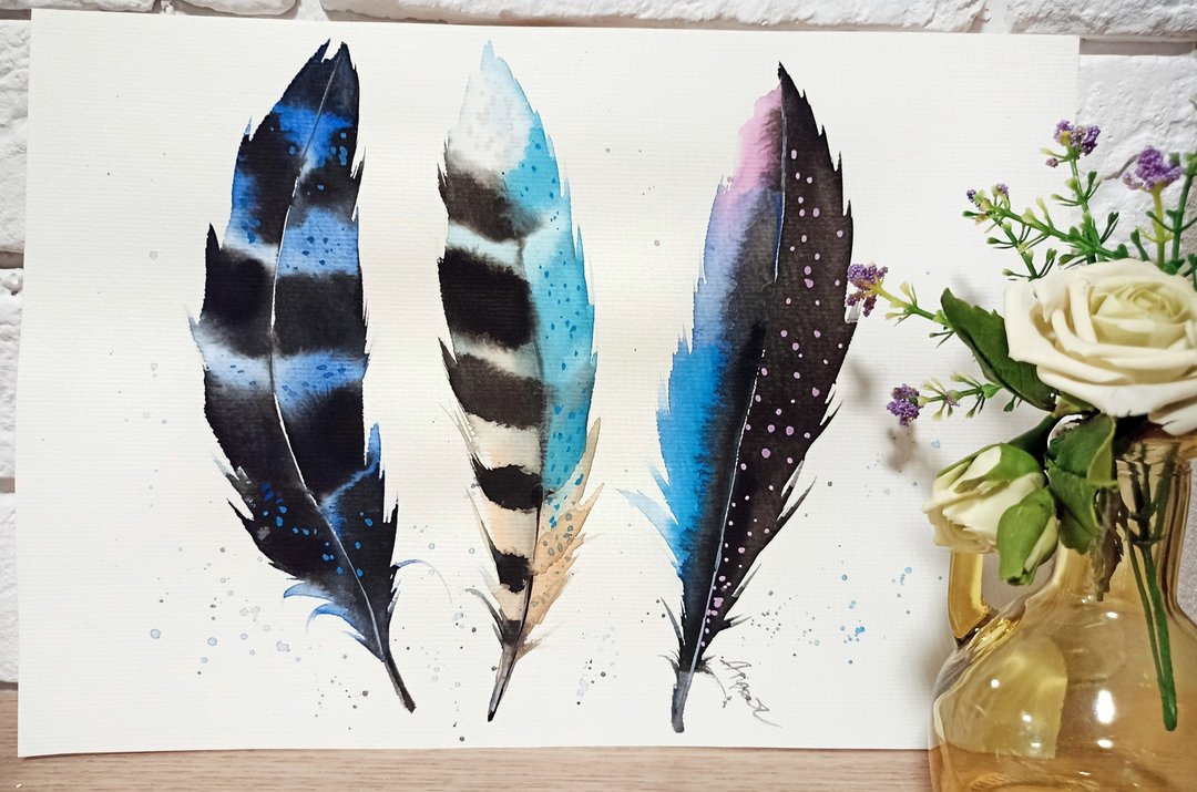 Feathers Watercolor original 8x11inch room decor painting by Anne Gorywine - 墙贴/壁贴 - 纸 多色