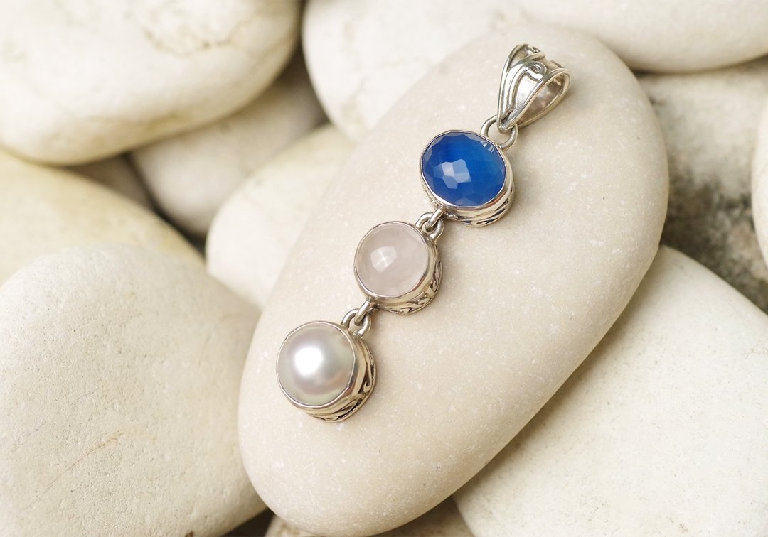 Blue agate, rose quartz, freshwater pearl pendant top - 项链 - 石头 多色