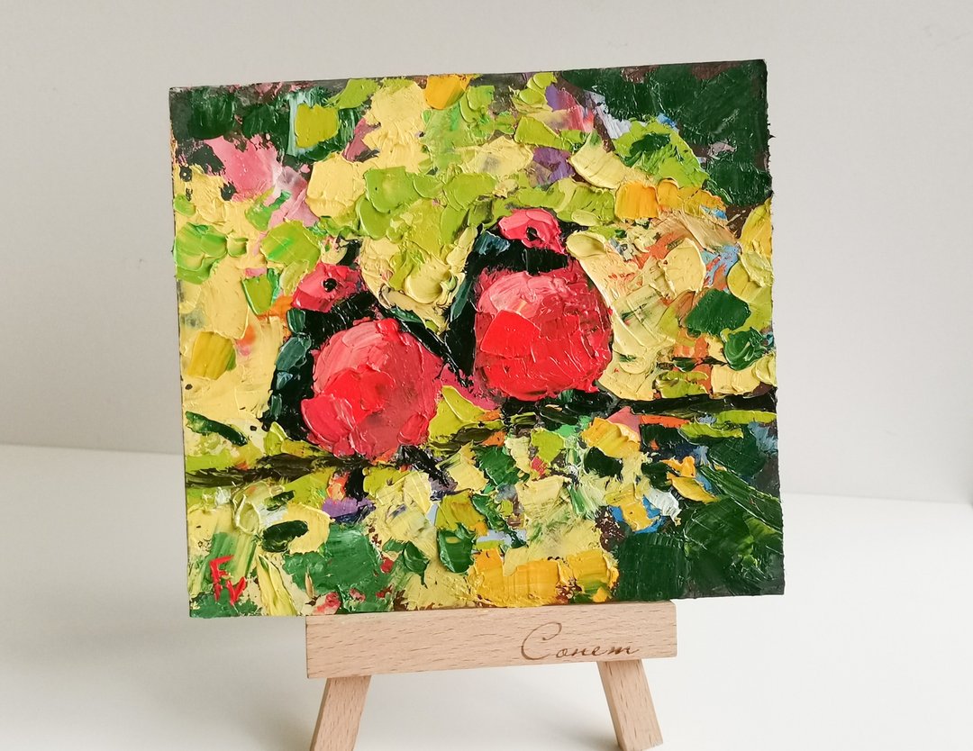 Birds 油畫原作 Painting Original Art 手工油畫 Hand made Painting Red Bird 油畫 - 海报/装饰画/版画 - 其他材质 红色
