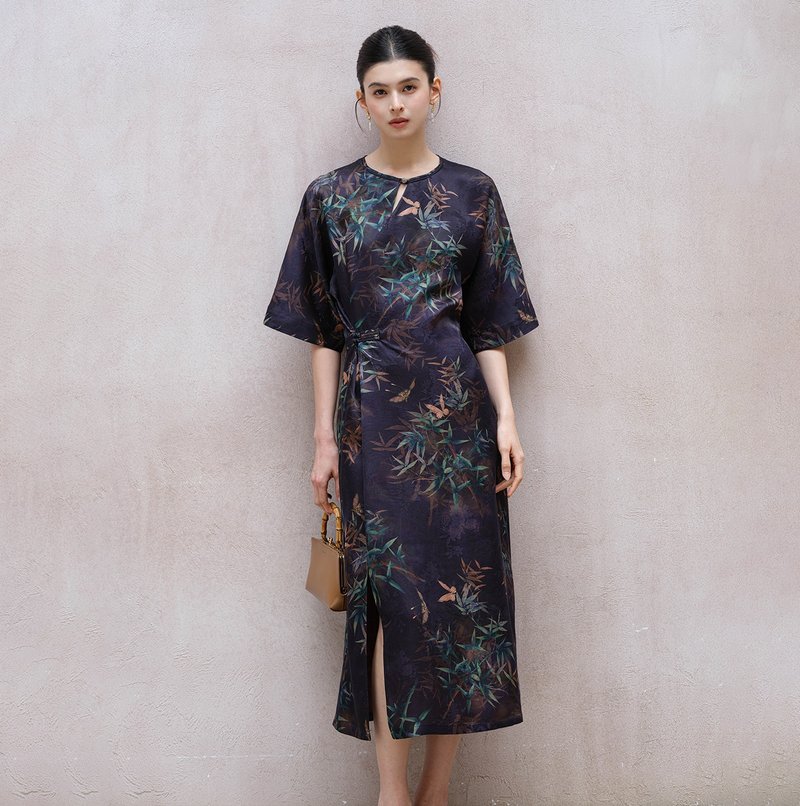 【100香云纱桑蚕丝】新中式复古中国风 竹影印花/改良旗袍 - 旗袍 - 丝．绢 蓝色