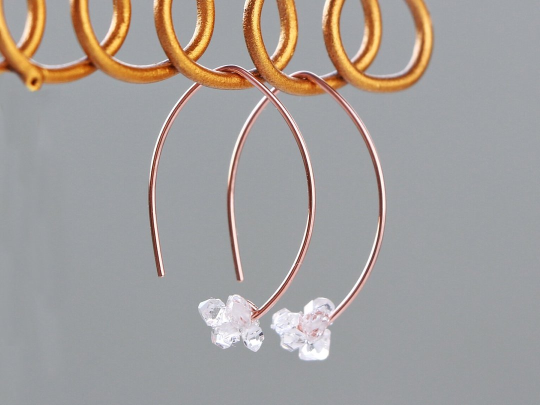 14kgf Rose gold-Herkimer diamond mini marquise pierced earrings - 耳环/耳夹 - 宝石 粉红色