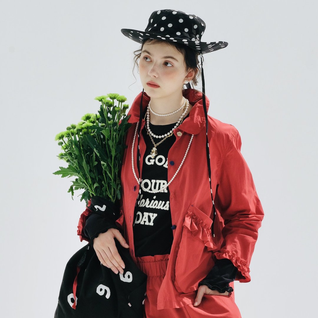 大红色大口袋花边衬衫 / 外套 长袖 - 女装衬衫 - 棉 红色