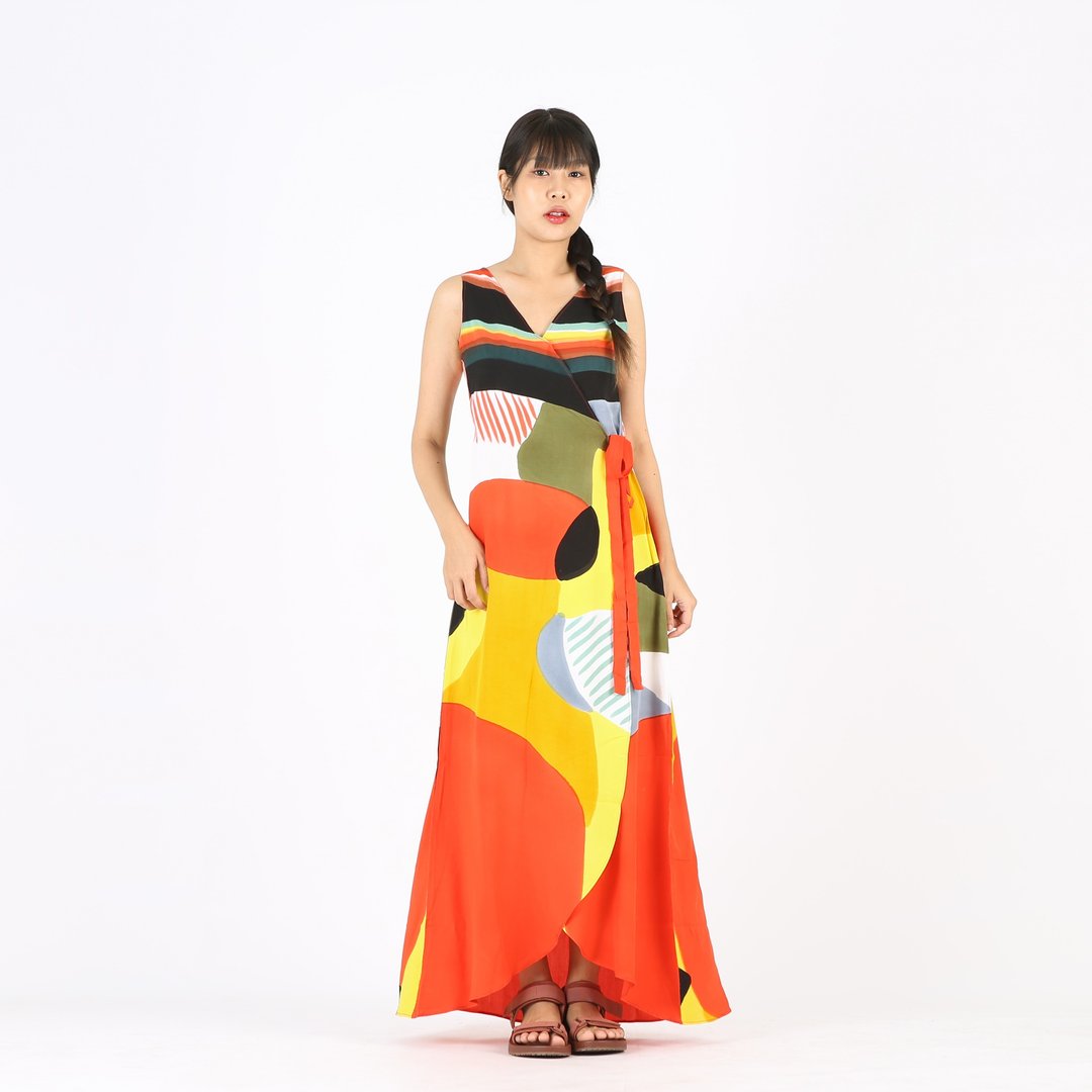 Long Dress Wrap Cotton Rayon Hand Paint - 洋装/连衣裙 - 棉 黄色