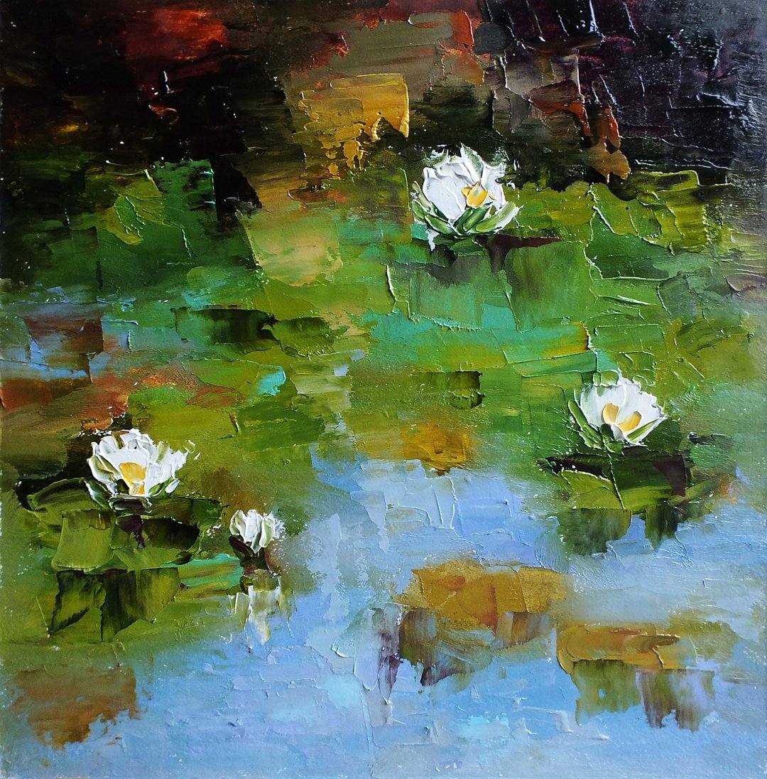 白睡莲绘画原创油画墙艺术花卉印象派 - 海报/装饰画/版画 - 其他材质 绿色