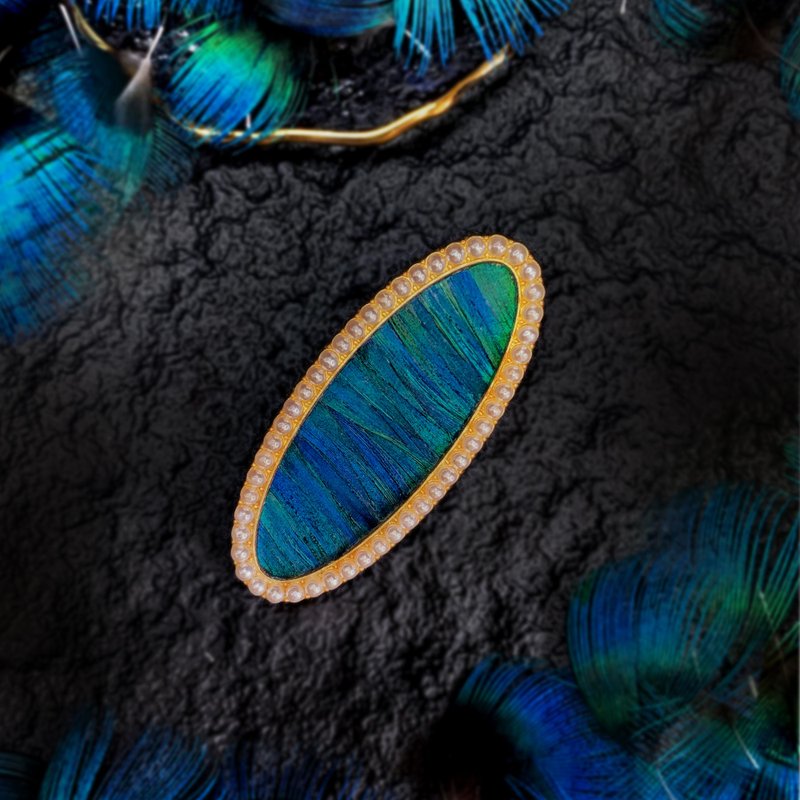 【手作】点翠工艺 孔雀羽毛镶嵌椭圆发夹 - 发饰 - 玫瑰金 