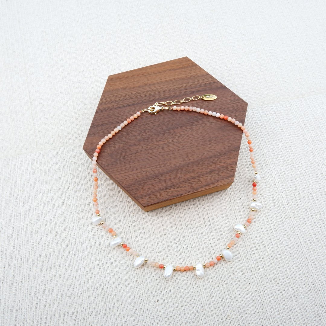 Keshi Freshwater Pearl and  Peach Aventurine Short Necklace - 项链 - 石头 粉红色