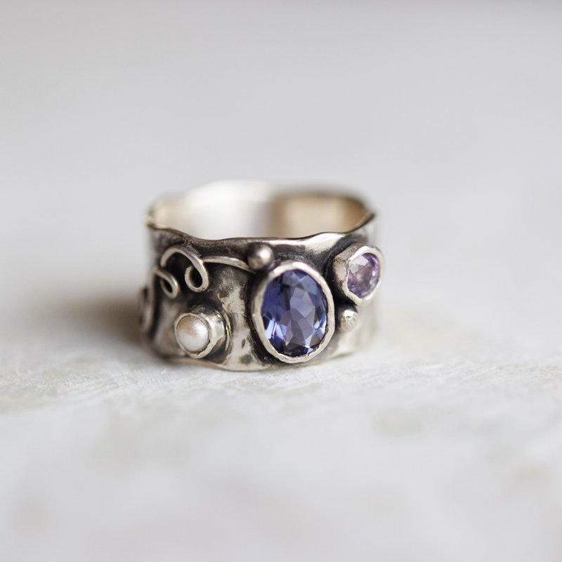 silver925 iolite and sapphire gemstone ring - 戒指 - 宝石 蓝色