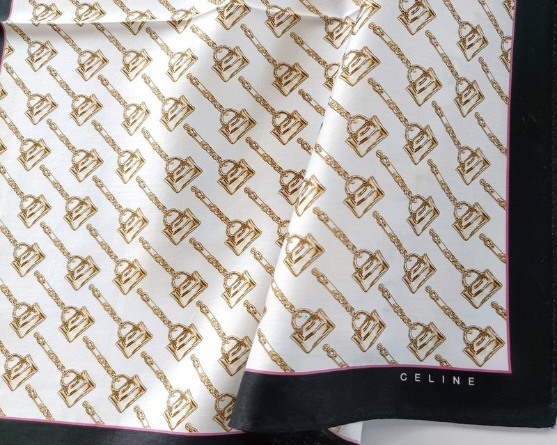 Celine 古董手帕 锁头与链条图案 20 x 19 英寸 - 手帕/方巾 - 棉．麻 白色