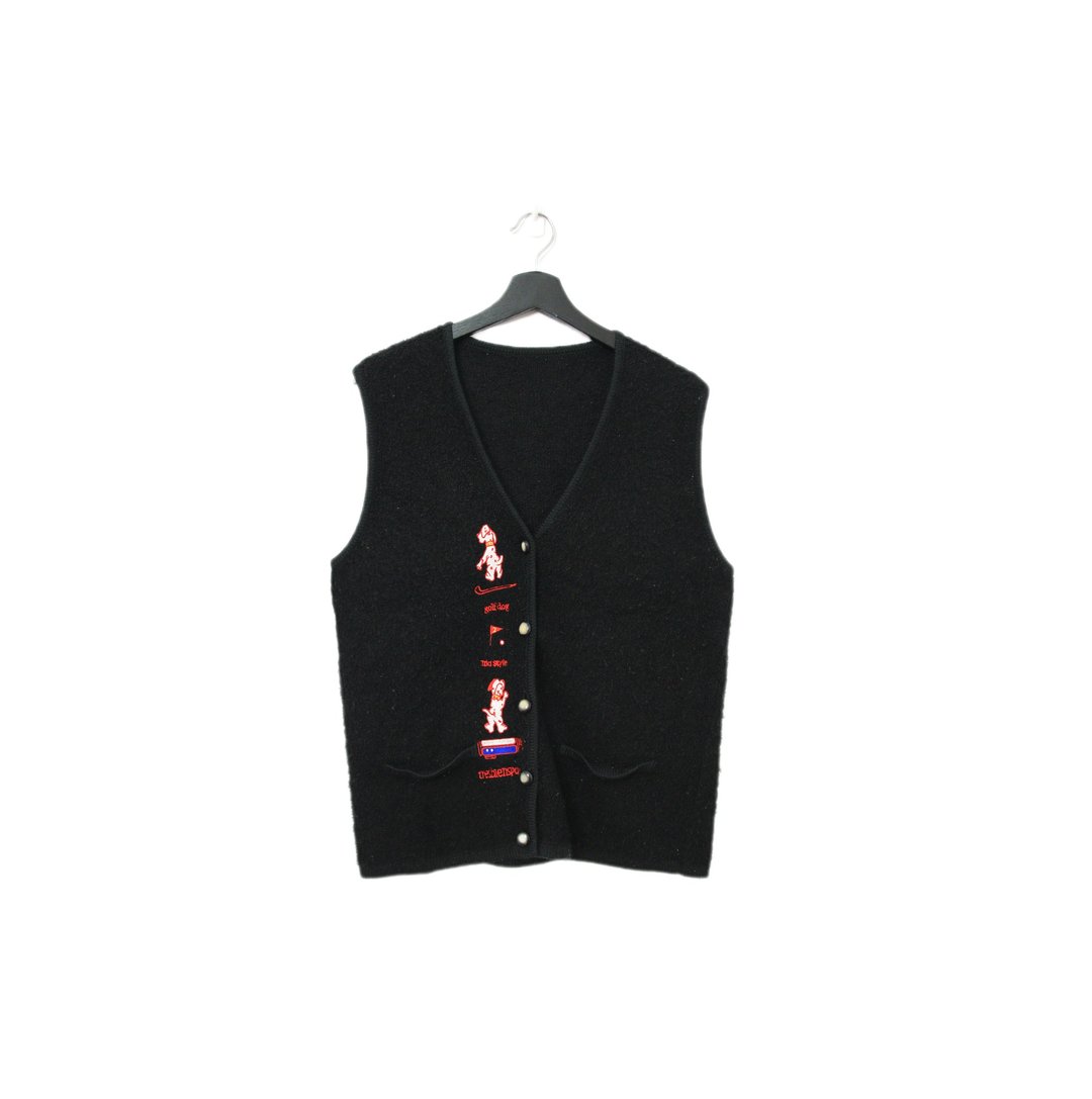 Back to Green-复古毛料背心 正黑 狗狗图腾 v-06/sweater vest - 女装背心 - 棉 