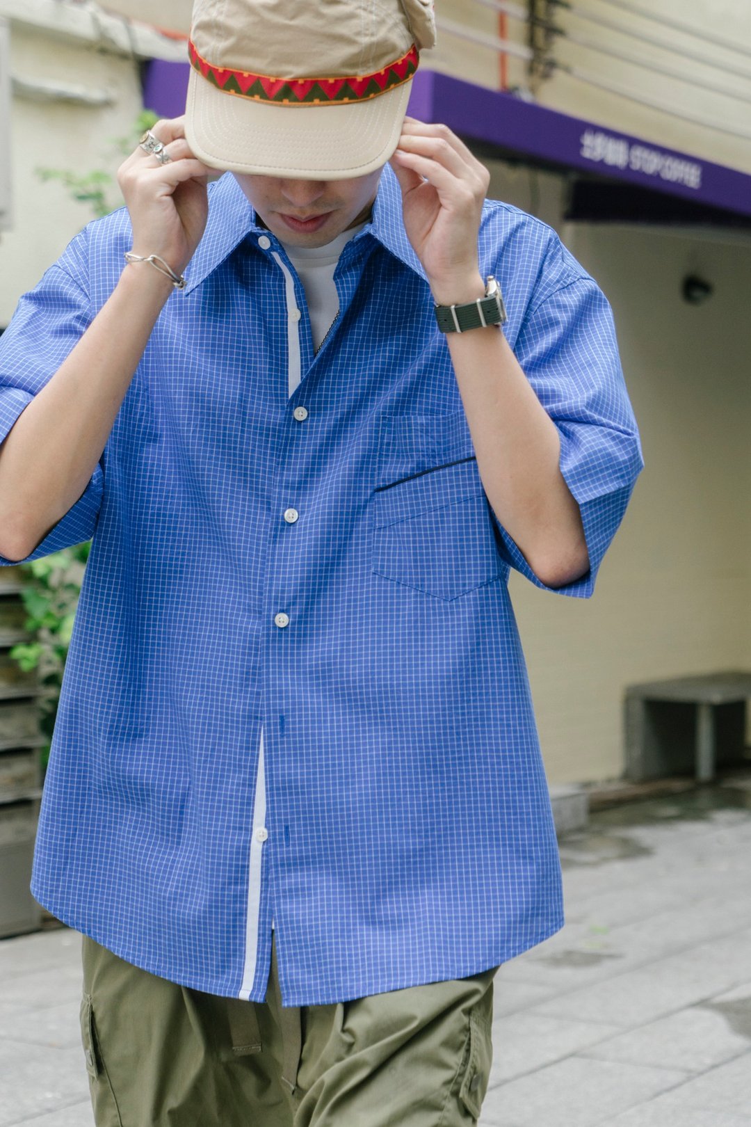SHIRT 日系潮流格子襯衫 雙口袋設計格仔休閒寬鬆短袖襯衫Cityboy - 男装衬衫 - 棉 蓝色
