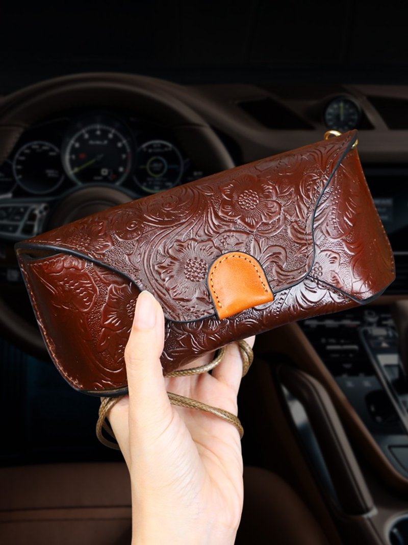 手工复古牛皮眼镜盒  抗压墨镜盒  真皮挂绳便携收纳盒 - 眼镜盒/眼镜布 - 真皮 咖啡色