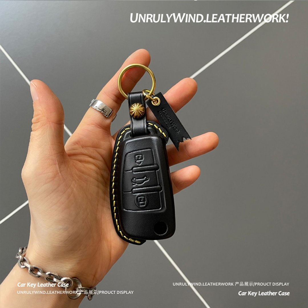 适用于奥迪Q3车钥匙套A3保护包Q2L A1 S3 Q7A6L折叠 真皮手工牛皮 - 钥匙链/钥匙包 - 真皮 