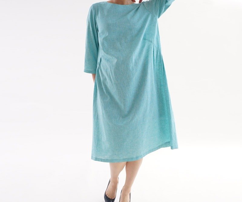Chambray cotton side tack one piece dress / mint green a1-13 - 洋装/连衣裙 - 其他材质 蓝色