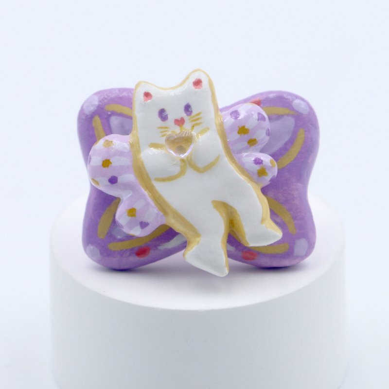 【白猫天使比心心】粉紫色蝴蝶结猫咪原创手作旋转戒指 - 戒指 - 粘土 紫色