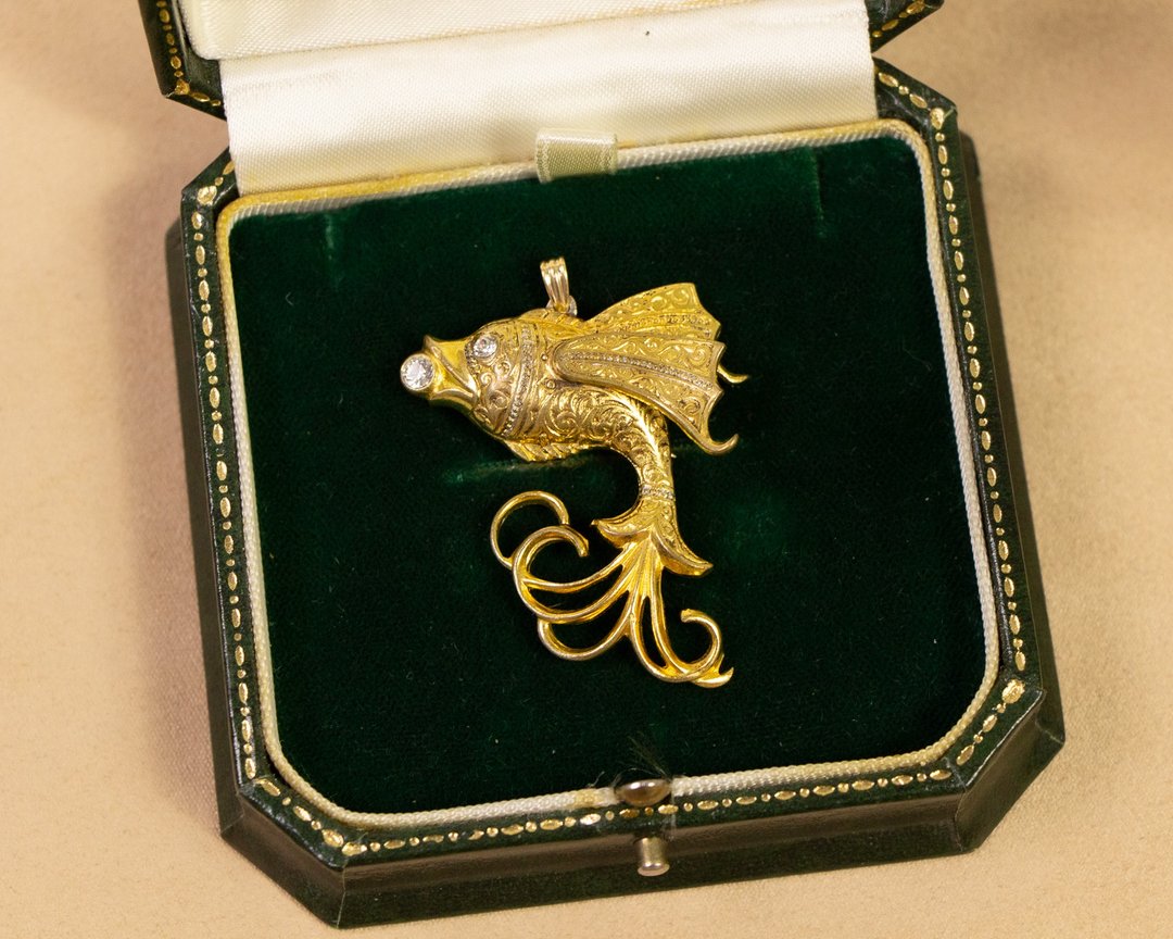 西班牙古董 大马士革Niello工艺 鱼造型 两用镀金胸针坠 坠子 - 胸针 - 其他金属 金色