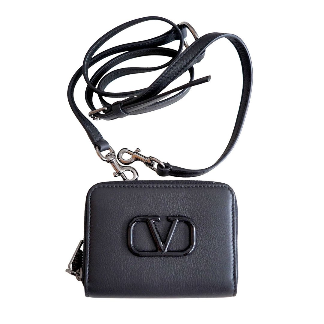 VALENTINO Mini Sac en Cuir Bleu avec Logo VLTN Points Clé - 零钱包 - 真皮 黑色