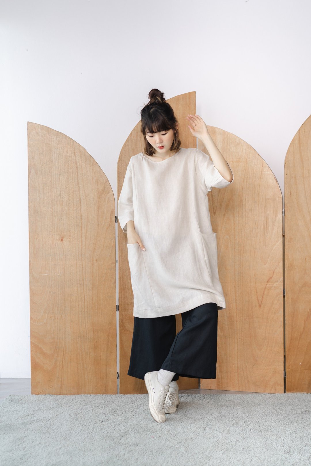 Oversize Linen 3/4 Sleeve Dress And Tunic - Natural - 洋装/连衣裙 - 亚麻 卡其色